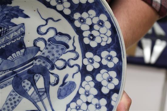 A large Chinese blue and white Antiques dish, 19th century, diameter 38cm
